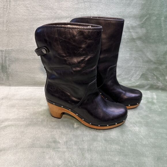 UGG Boots Womens Size 8 Y2K Black Leather Wood Heel Shearling Lined Studded Clog - Picture 2 of 9